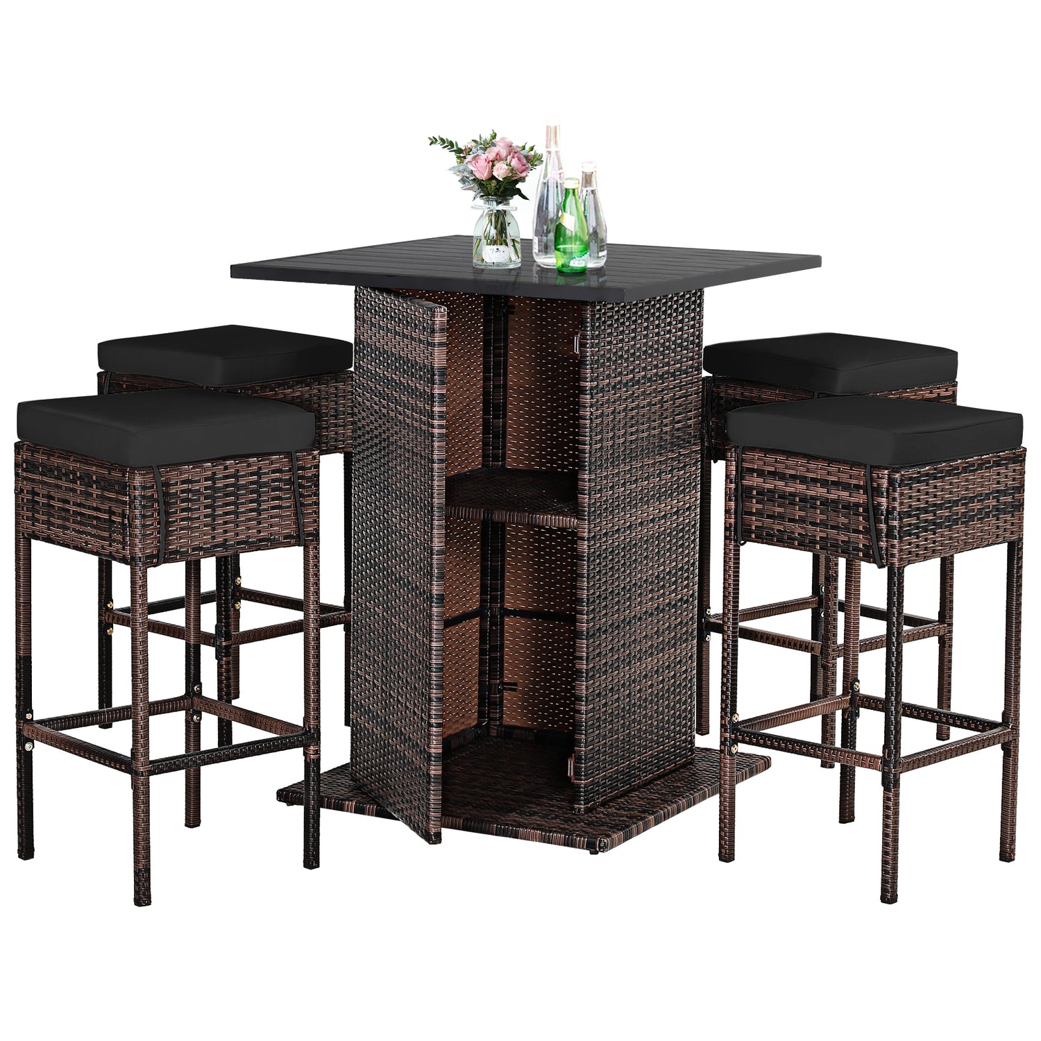 5 Pieces Patio Rattan Bar Table Stool Set Hidden Storage Shelf Cushioned