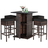 5 Pieces Patio Rattan Bar Table Stool Set Hidden Storage Shelf Cushioned