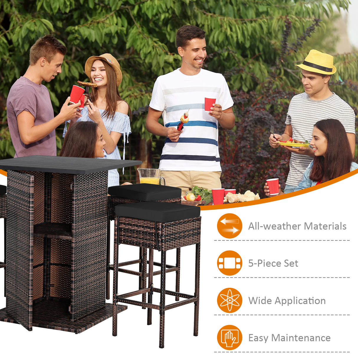 5 Pieces Patio Rattan Bar Table Stool Set Hidden Storage Shelf Cushioned