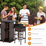 5 Pieces Patio Rattan Bar Table Stool Set Hidden Storage Shelf Cushioned