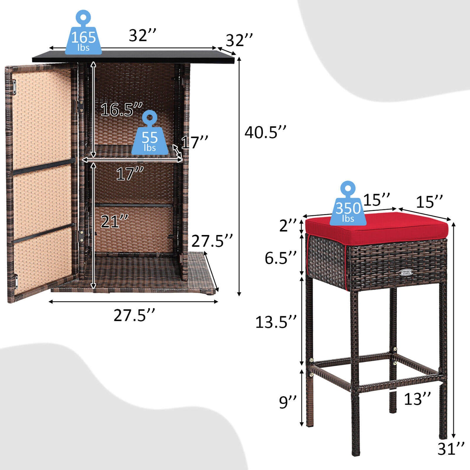 5 Pieces Patio Rattan Bar Table Stool Set Hidden Storage Shelf Cushioned