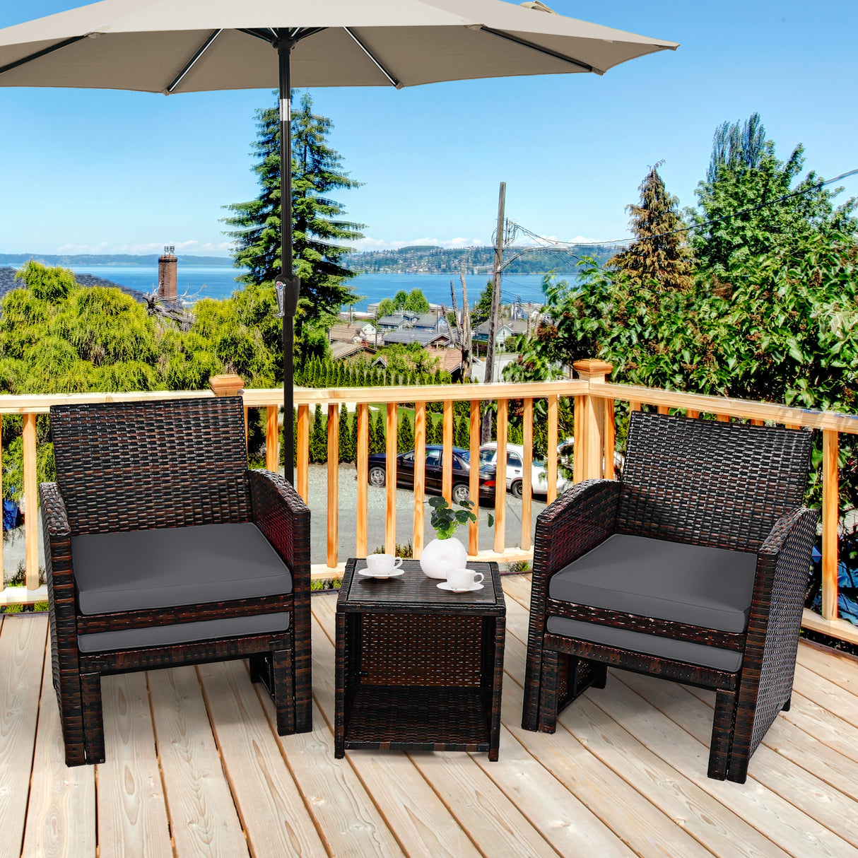 5 Pieces Patio Rattan Furniture Set with Ottoman and Tempered Glass Coffee Table