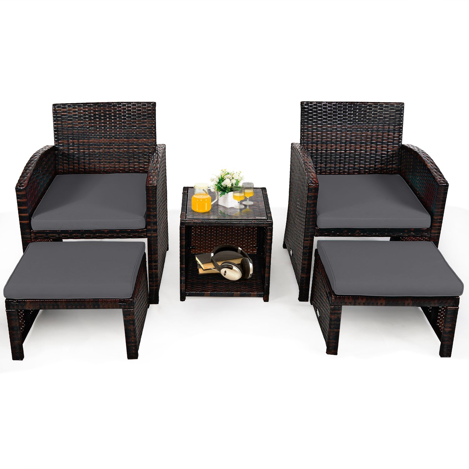 5 Pieces Patio Rattan Furniture Set with Ottoman and Tempered Glass Coffee Table
