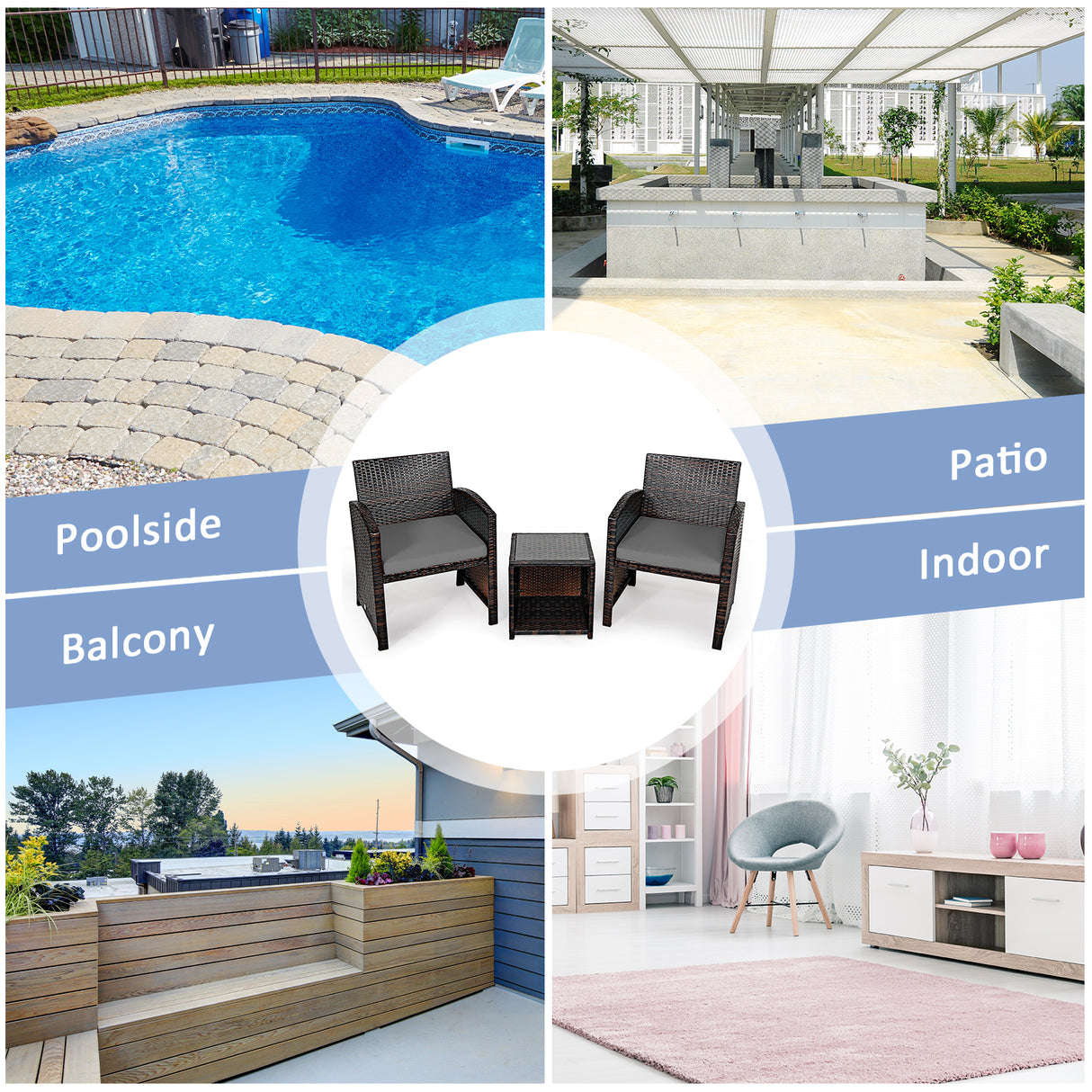 5 Pieces Patio Rattan Furniture Set with Ottoman and Tempered Glass Coffee Table