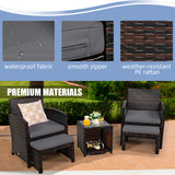 5 Pieces Patio Rattan Furniture Set with Ottoman and Tempered Glass Coffee Table