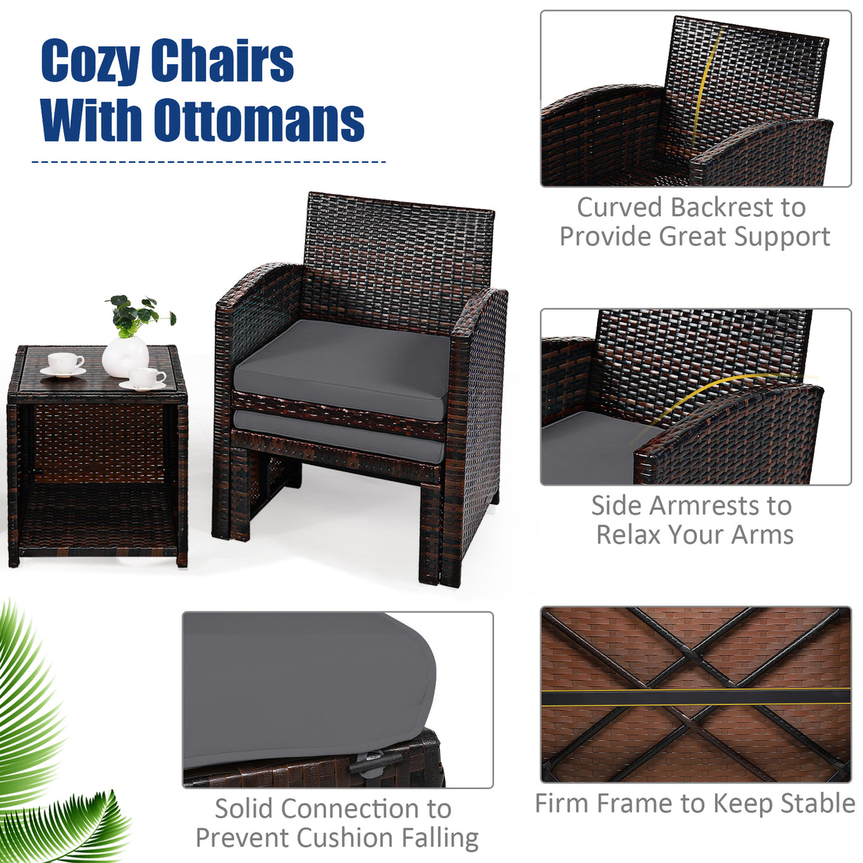 5 Pieces Patio Rattan Furniture Set with Ottoman and Tempered Glass Coffee Table