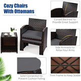 5 Pieces Patio Rattan Furniture Set with Ottoman and Tempered Glass Coffee Table