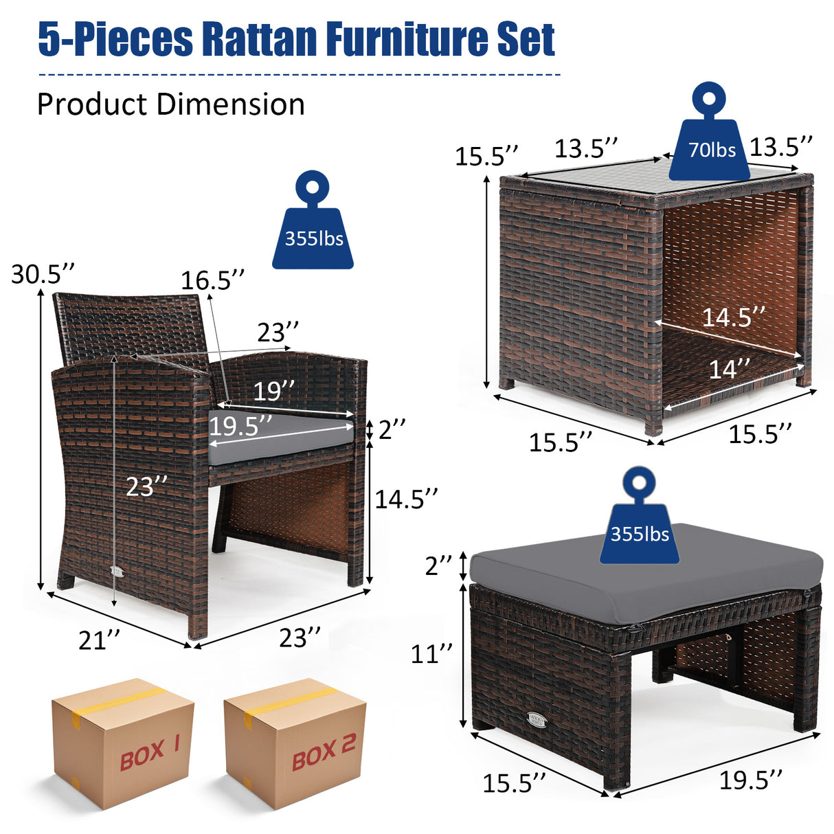 5 Pieces Patio Rattan Furniture Set with Ottoman and Tempered Glass Coffee Table