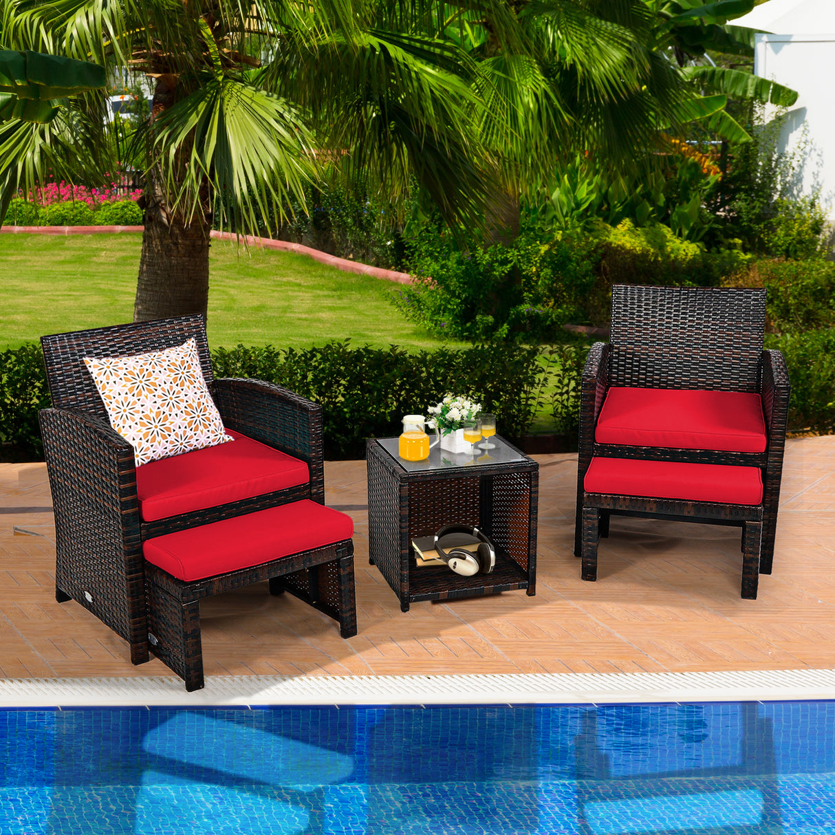 5 Pieces Patio Rattan Furniture Set with Ottoman and Tempered Glass Coffee Table