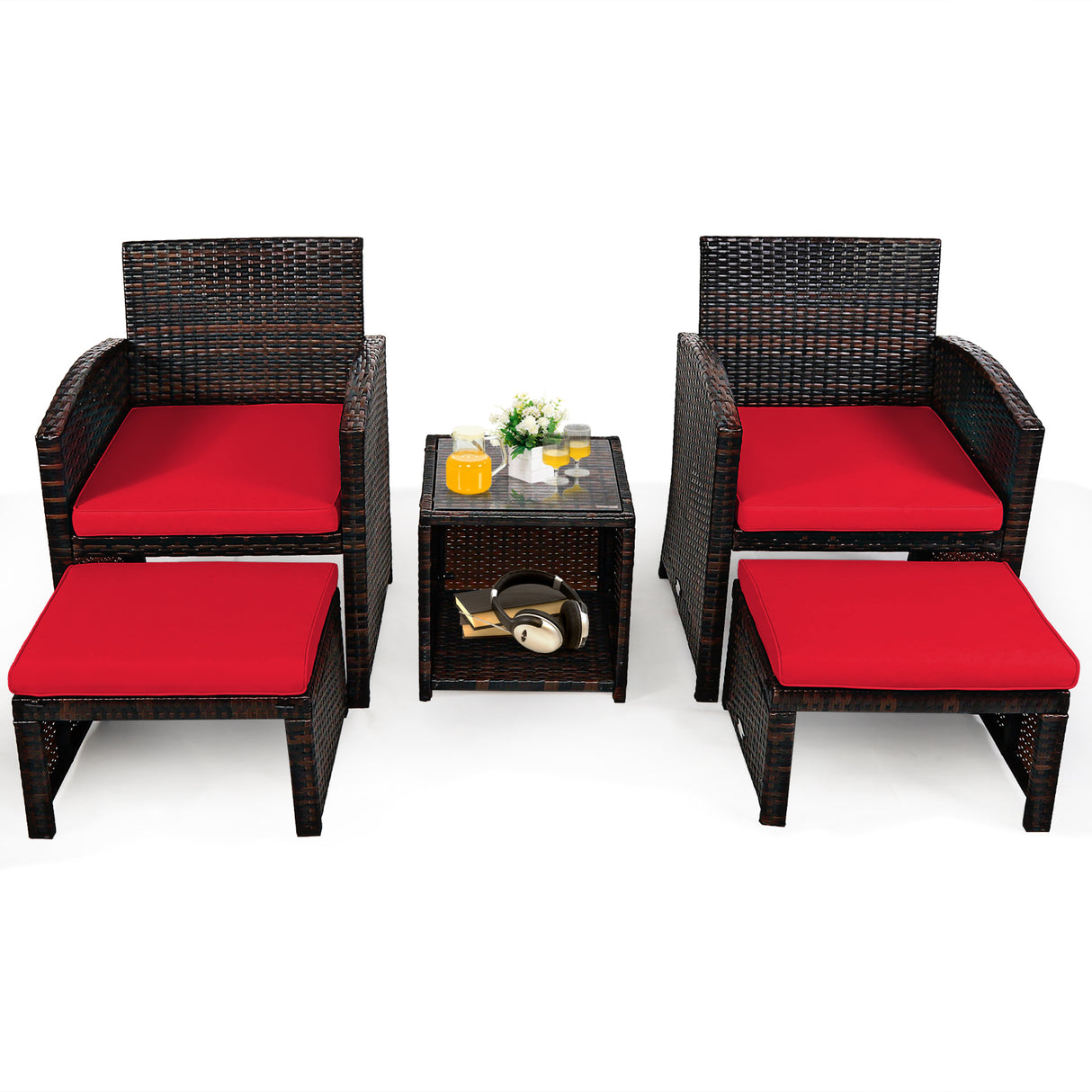 5 Pieces Patio Rattan Furniture Set with Ottoman and Tempered Glass Coffee Table