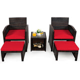 5 Pieces Patio Rattan Furniture Set with Ottoman and Tempered Glass Coffee Table