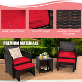 5 Pieces Patio Rattan Furniture Set with Ottoman and Tempered Glass Coffee Table