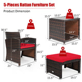 5 Pieces Patio Rattan Furniture Set with Ottoman and Tempered Glass Coffee Table