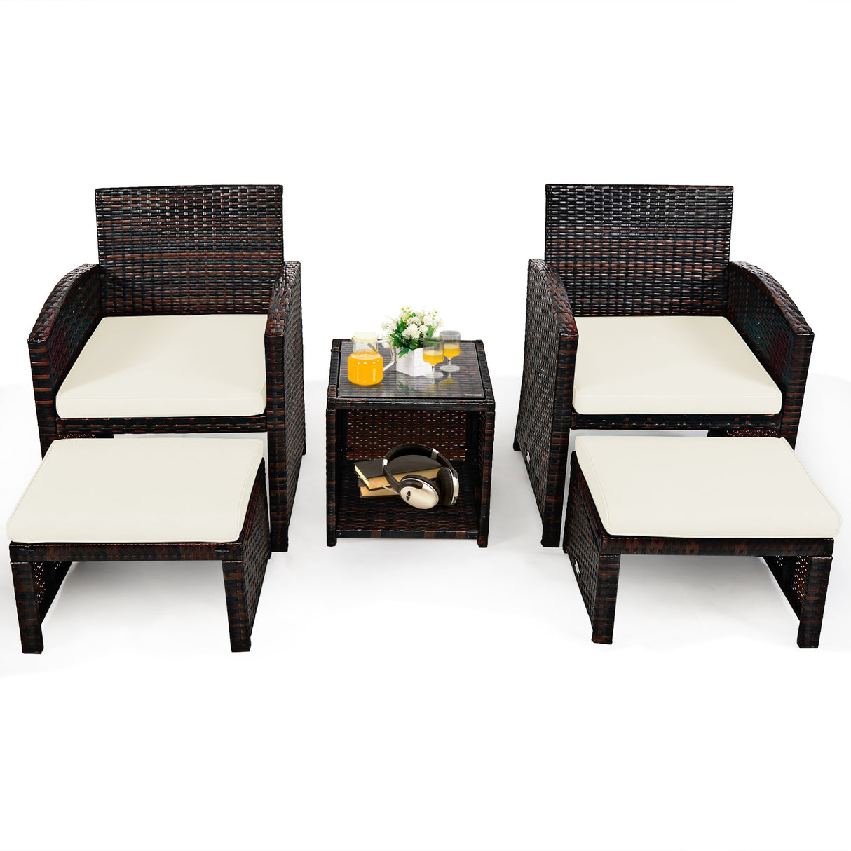 5 Pieces Patio Rattan Furniture Set with Ottoman and Tempered Glass Coffee Table