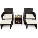 5 Pieces Patio Rattan Furniture Set with Ottoman and Tempered Glass Coffee Table