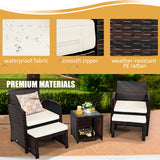 5 Pieces Patio Rattan Furniture Set with Ottoman and Tempered Glass Coffee Table