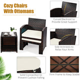 5 Pieces Patio Rattan Furniture Set with Ottoman and Tempered Glass Coffee Table