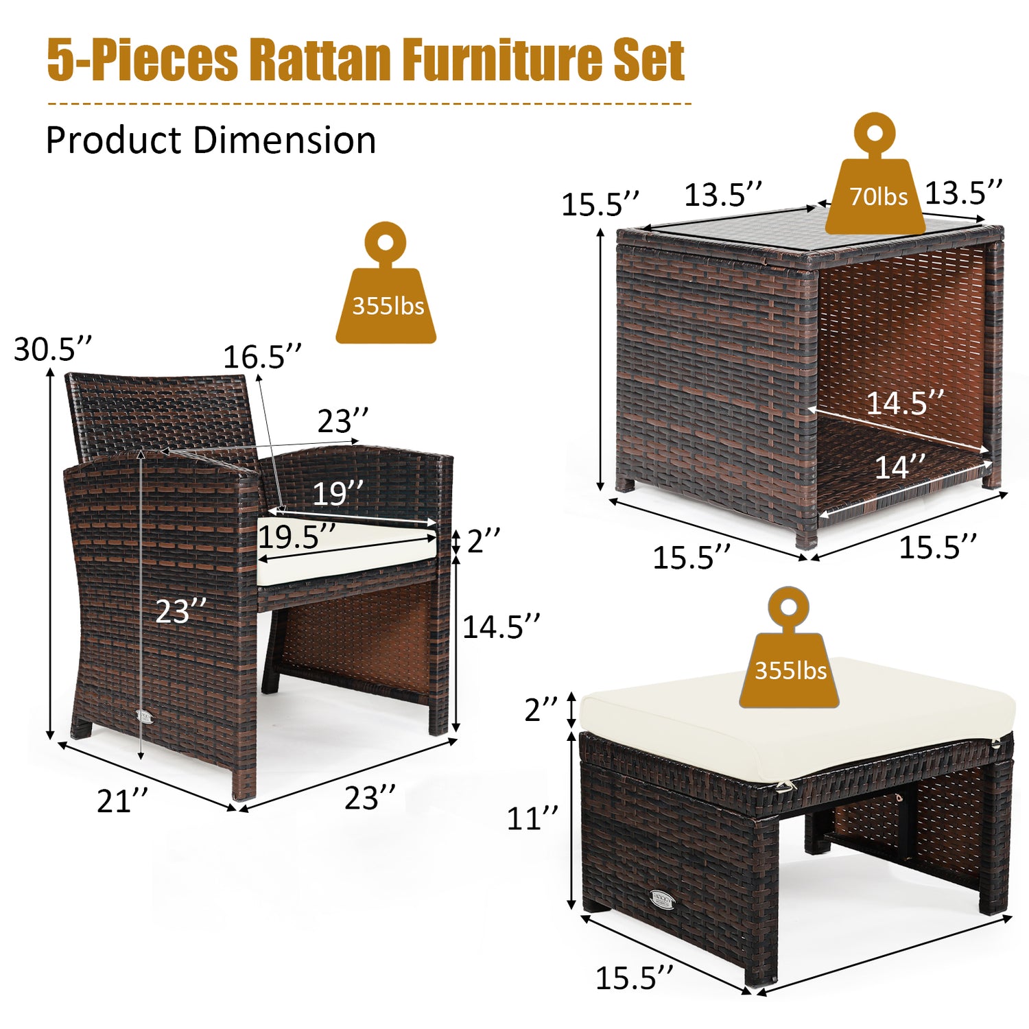 5 Pieces Patio Rattan Furniture Set with Ottoman and Tempered Glass Coffee Table