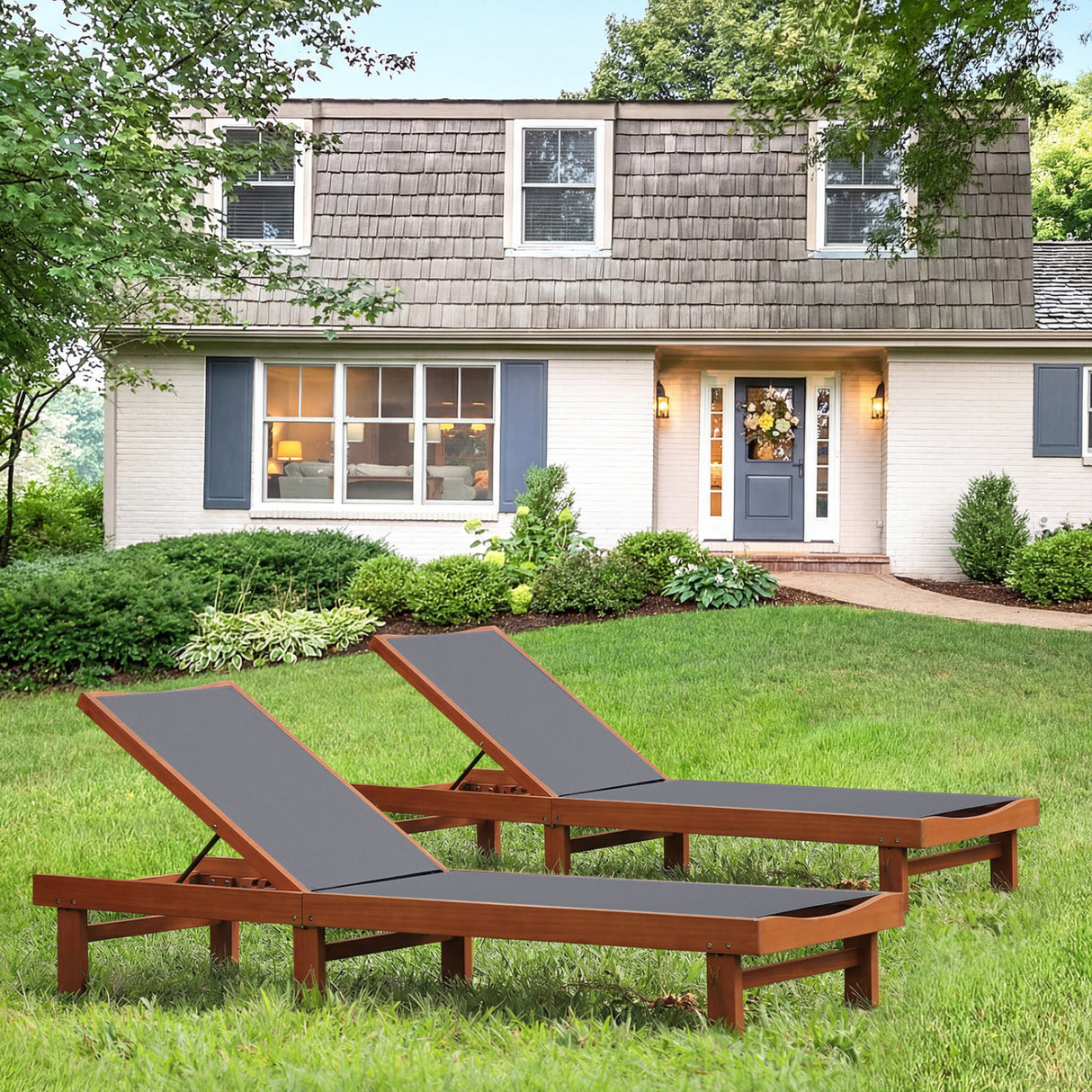 5-Postion Backrest Adjustable Outdoor Wood Chaise Lounge Chair-2