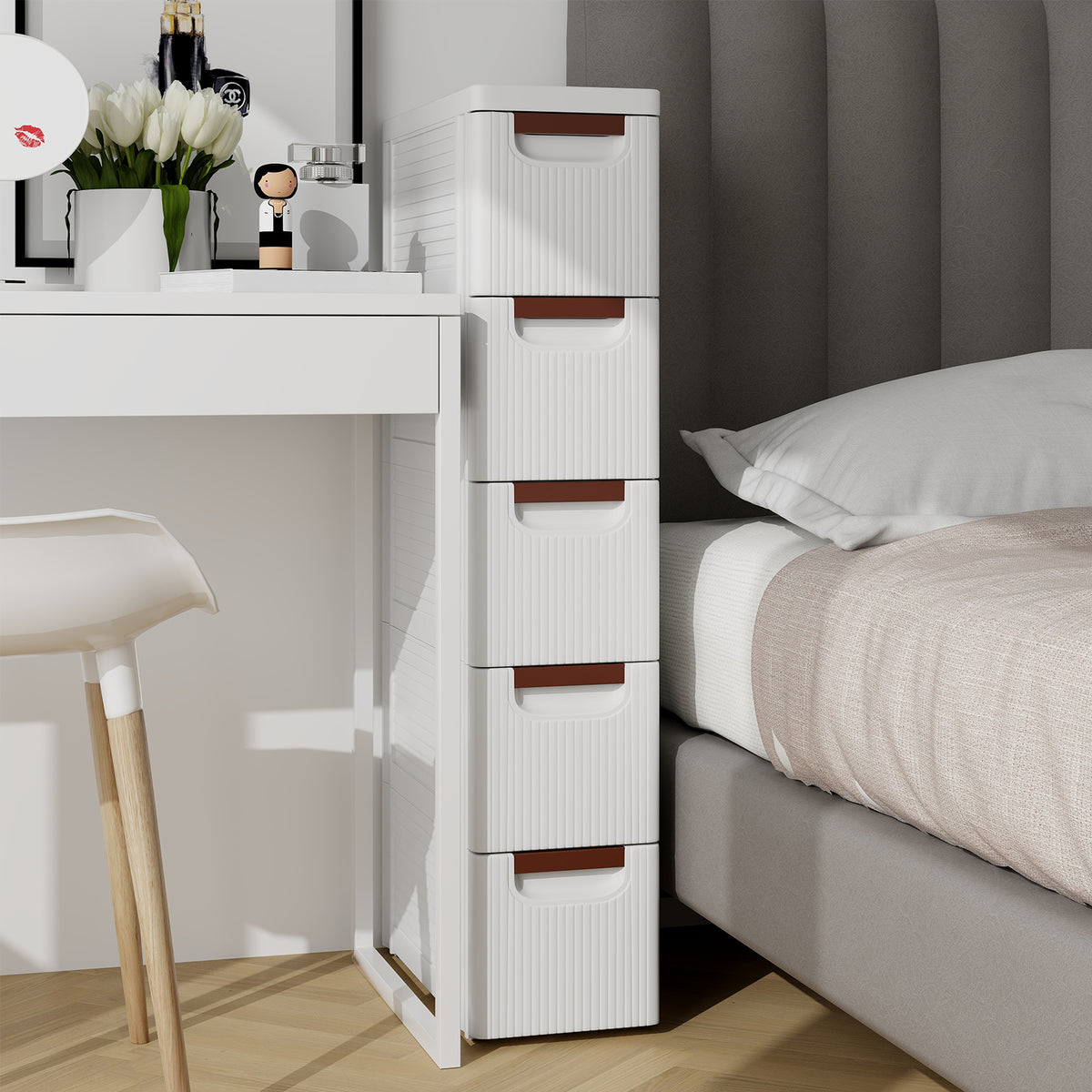 3/4/5/6-Drawer Rolling Organizer Unit Narrow Storage Cabinet with Built-In Wheels for Small Space-3
