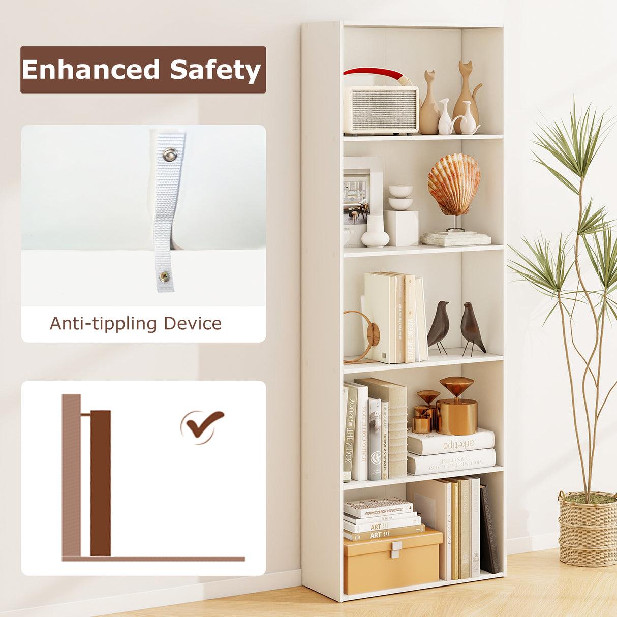 5-Shelf Storage Bookcase Modern Multi-Functional Display Cabinet Furniture