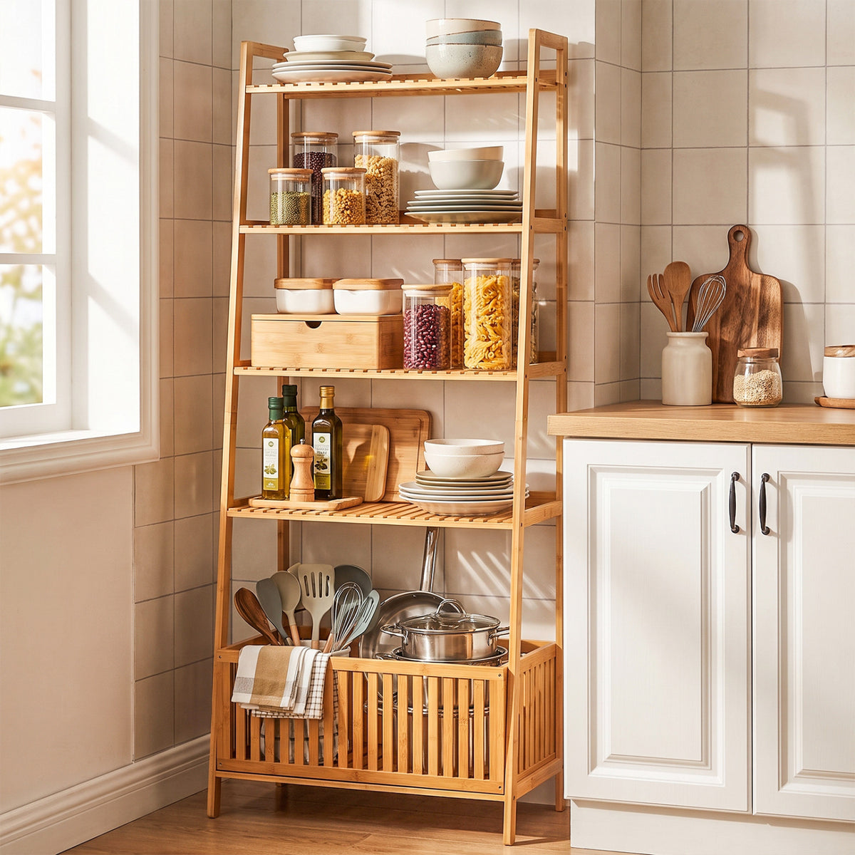 5-Tier Bamboo Ladder Shelf with Display Shelves and Open Storage Basket-Natural