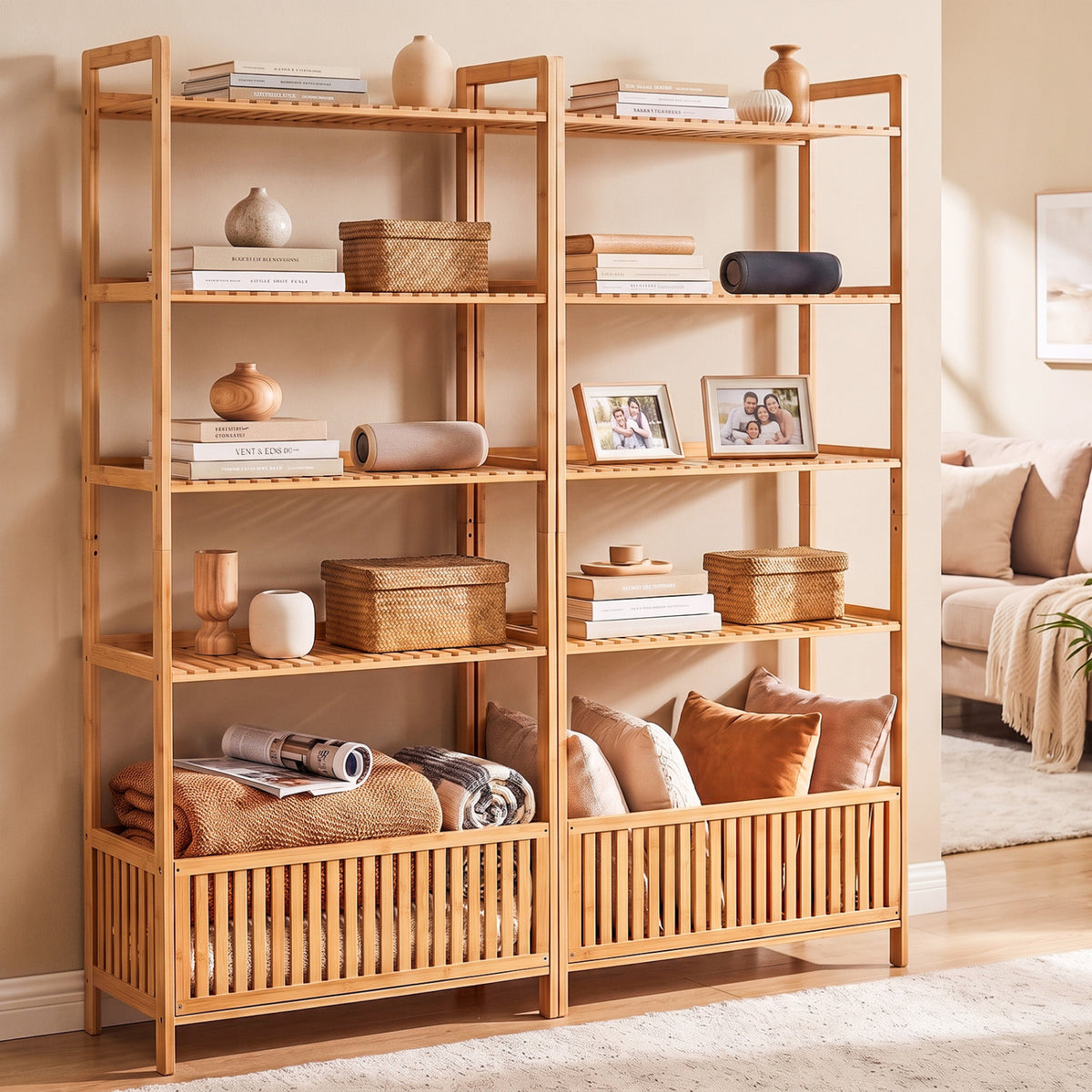 5-Tier Bamboo Ladder Shelf with Display Shelves and Open Storage Basket-Natural