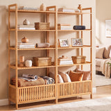 5-Tier Bamboo Ladder Shelf with Display Shelves and Open Storage Basket-Natural