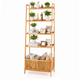5-Tier Bamboo Ladder Shelf with Display Shelves and Open Storage Basket-Natural
