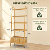 5-Tier Bamboo Ladder Shelf with Display Shelves and Open Storage Basket-Natural