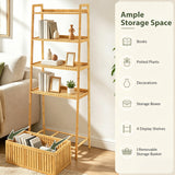 5-Tier Bamboo Ladder Shelf with Display Shelves and Open Storage Basket-Natural