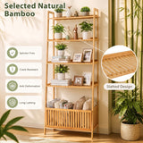 5-Tier Bamboo Ladder Shelf with Display Shelves and Open Storage Basket-Natural