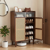 5-Tier Bamboo Shoe Cabinet with Woven Rattan Doors and Sliding Doors for Entryway-Walnut