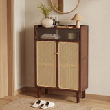 5-Tier Bamboo Shoe Cabinet with Woven Rattan Doors and Sliding Doors for Entryway-Walnut