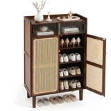5-Tier Bamboo Shoe Cabinet with Woven Rattan Doors and Sliding Doors for Entryway-Walnut