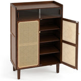 5-Tier Bamboo Shoe Cabinet with Woven Rattan Doors and Sliding Doors for Entryway-Walnut