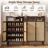 5-Tier Bamboo Shoe Cabinet with Woven Rattan Doors and Sliding Doors for Entryway-Walnut