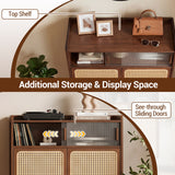 5-Tier Bamboo Shoe Cabinet with Woven Rattan Doors and Sliding Doors for Entryway-Walnut