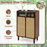 5-Tier Bamboo Shoe Cabinet with Woven Rattan Doors and Sliding Doors for Entryway-Walnut