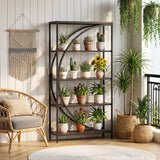 5-Tier Bookshelf with Half-Moon Shape for Living Room and Home Office-Rustic Brown