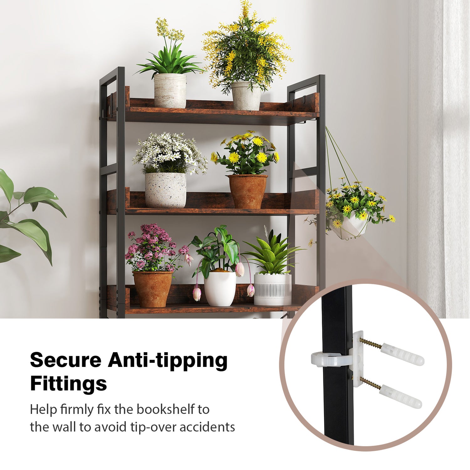 5-Tier Bookshelf with 4 Hooks Industrial Storage Bookcase-Rustic Brown