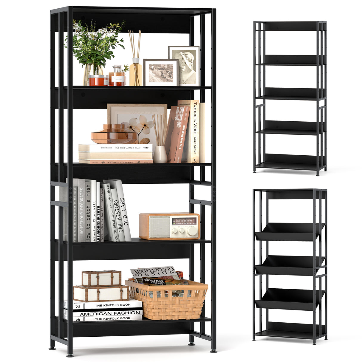5-Tier Bookshelf with Adjustable and Tiltable Shelves