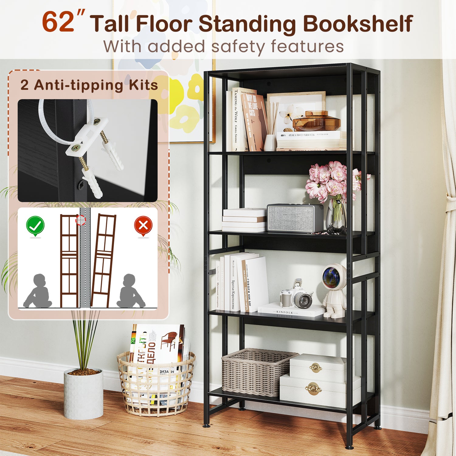 5-Tier Bookshelf with Adjustable and Tiltable Shelves