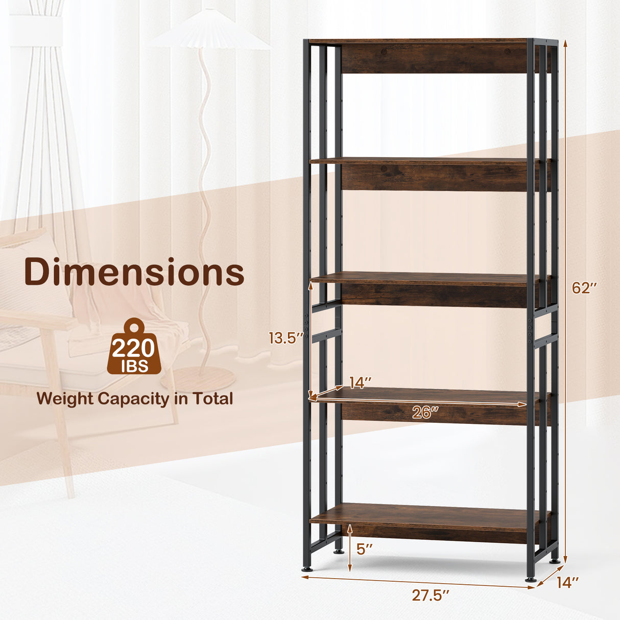 5-Tier Bookshelf with Adjustable and Tiltable Shelves