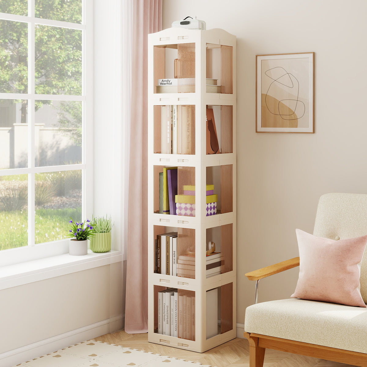 5-Tier Foldable Rotating Bookshelf 360Â° Spinning Bookcase with Swivel Base-White