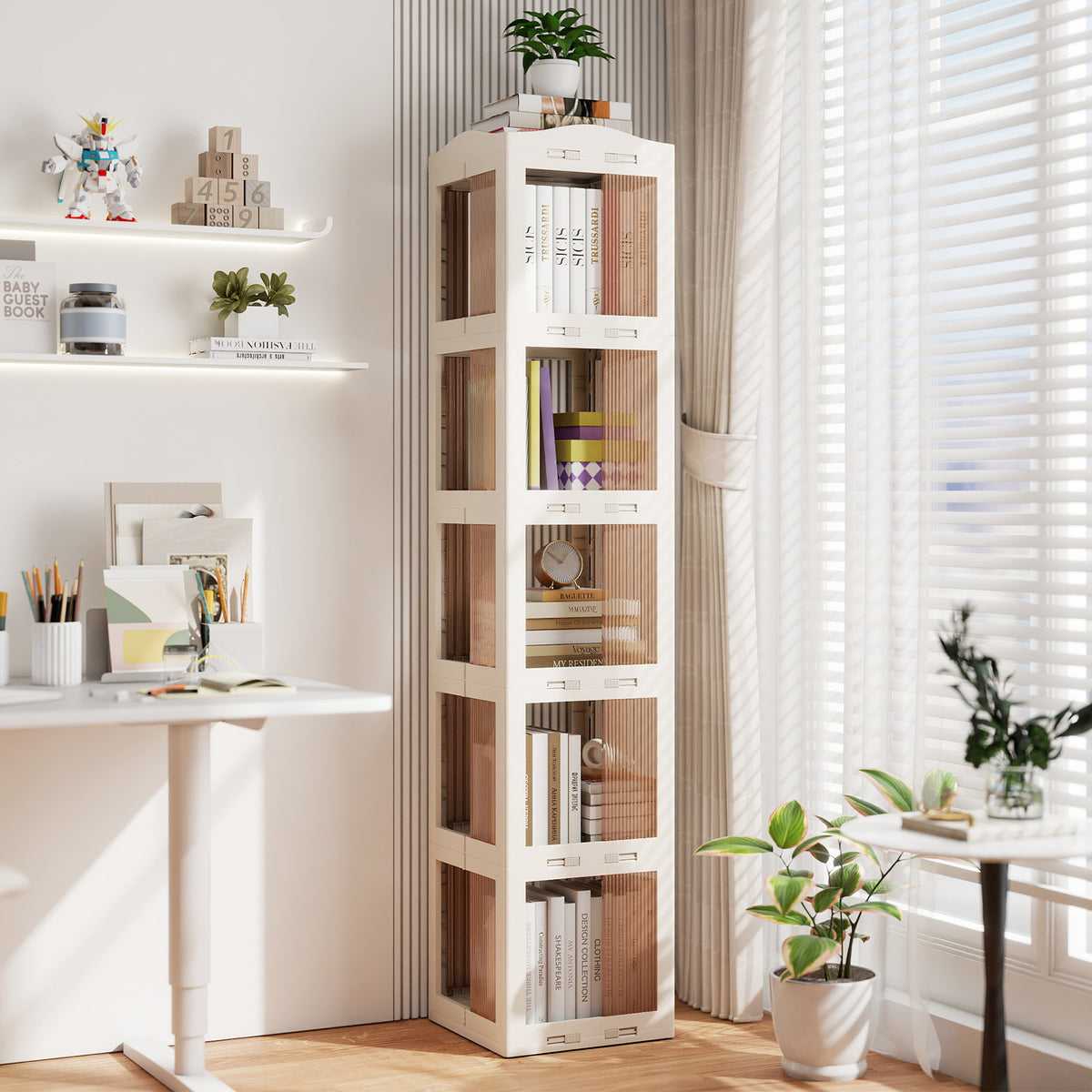 5-Tier Foldable Rotating Bookshelf 360Â° Spinning Bookcase with Swivel Base-White