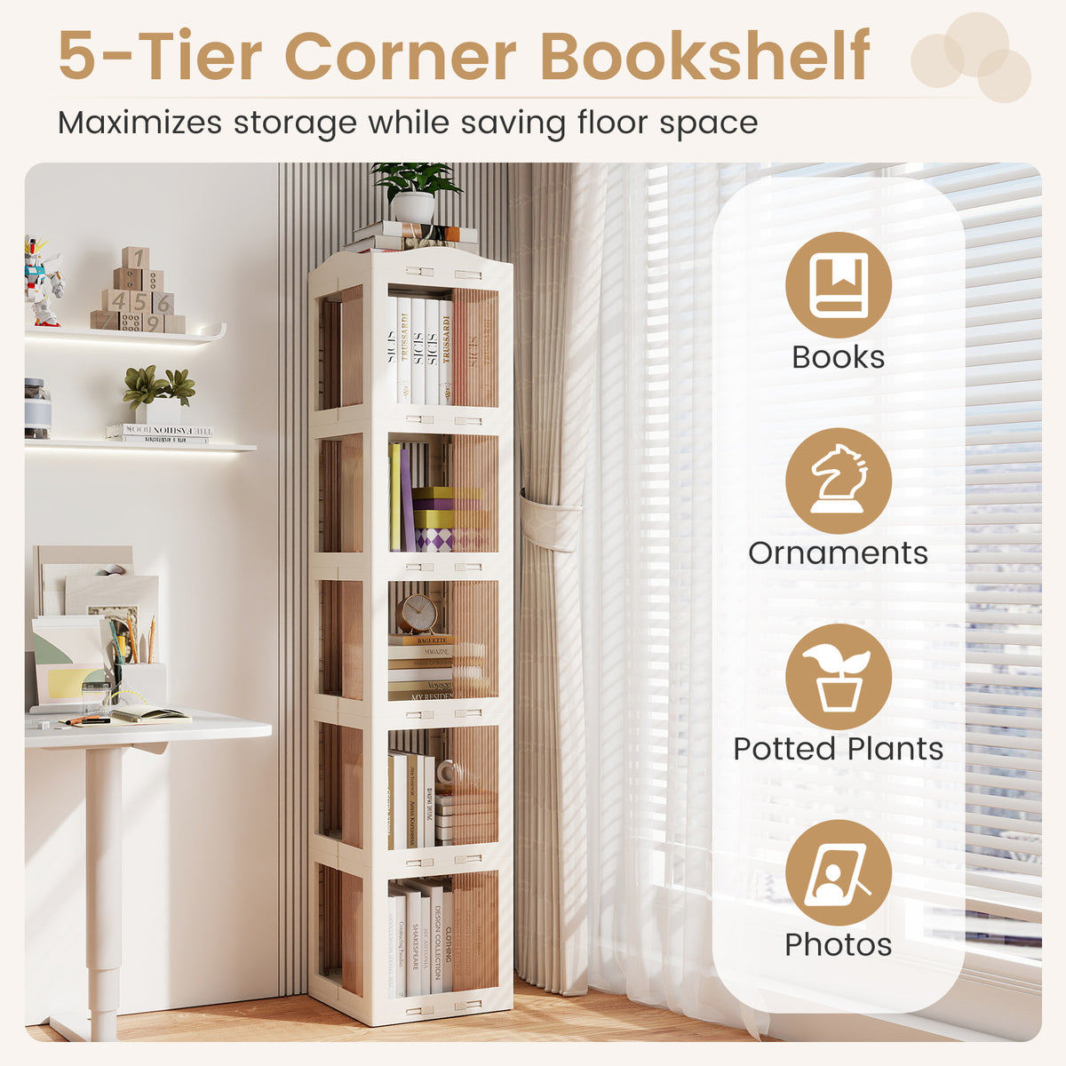 5-Tier Foldable Rotating Bookshelf 360Â° Spinning Bookcase with Swivel Base-White