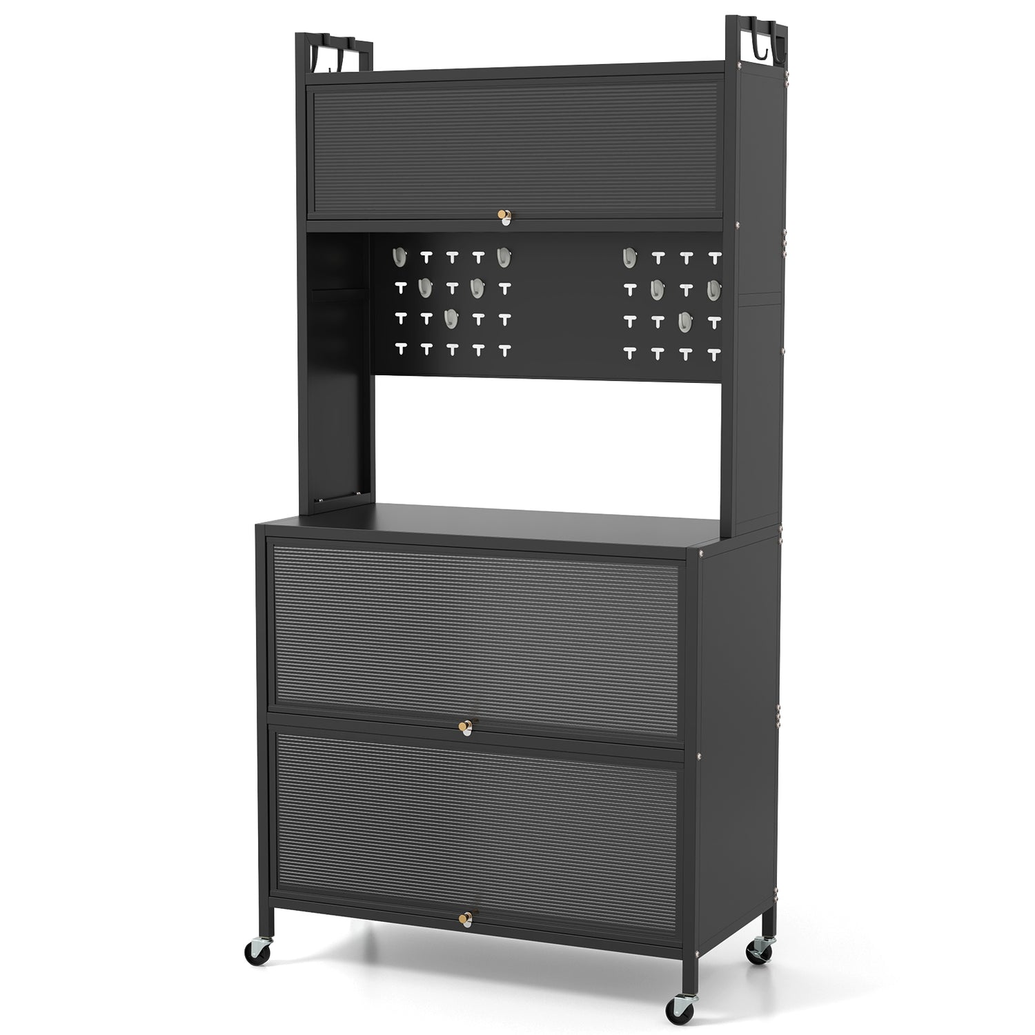 5 Tier Kitchen Bakers Rack with Lights Multifunctional Microwave Stand with Flip Door Cabinets