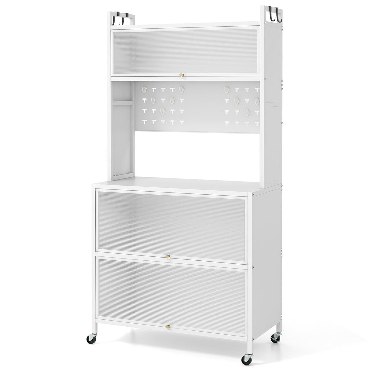 5 Tier Kitchen Bakers Rack with Lights Multifunctional Microwave Stand with Flip Door Cabinets