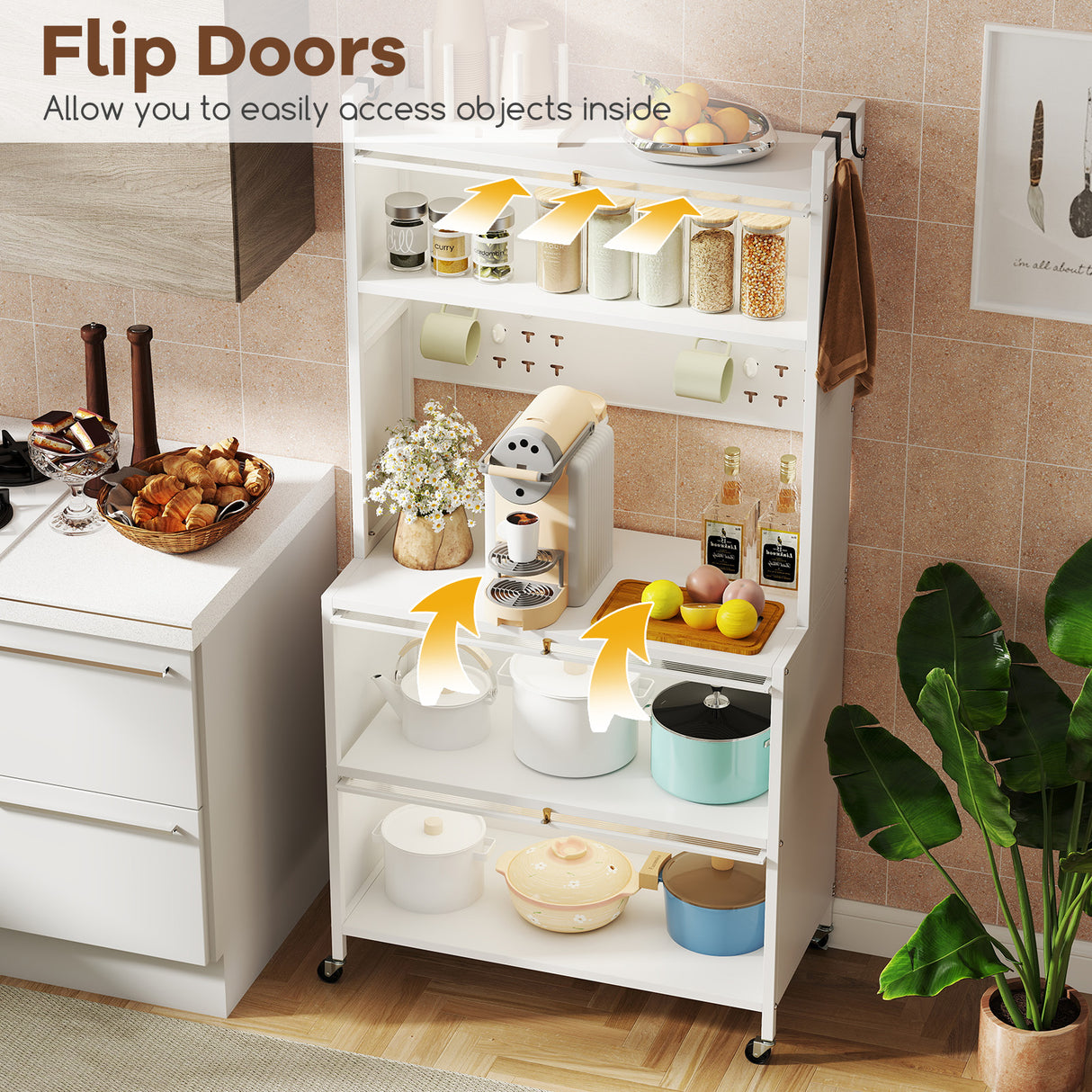 5 Tier Kitchen Bakers Rack with Lights Multifunctional Microwave Stand with Flip Door Cabinets